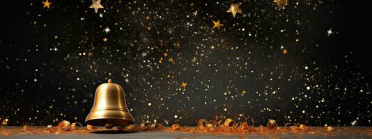 golden christmas bell on black background 3d render illustration. AI Generated. photo