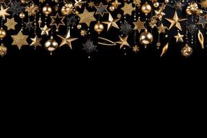 Christmas and New Year background with gold stars and snowflakes on black. AI Generated. photo