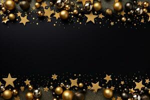 Black and gold christmas background with golden stars and balls. 3d illustration. AI Generated. photo