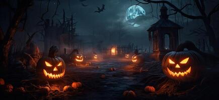 Halloween background with pumpkins in dark forest. 3d rendering. AI Generated. photo