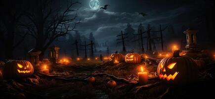 Halloween background with pumpkins, bats and gravestones. 3d rendering. AI Generated. photo