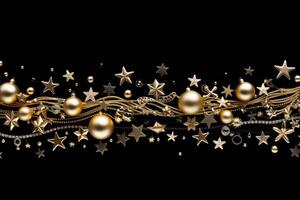 christmas background with golden baubles and stars on black background. AI Generated. photo