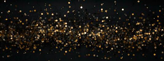 Golden glitter confetti on black background. Panoramic banner. AI Generated. photo