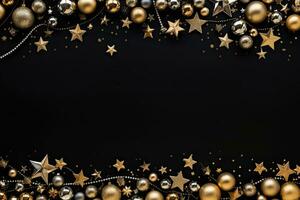 Christmas and New Year background with golden decorations on black. Top view with copy space. AI Generated. photo