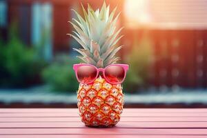 Pineapple wearing sunglasses on the pink wooden table. Summer concept. AI Generated. photo