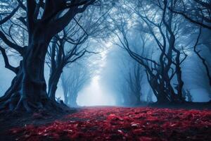 Fantasy dark forest with fog and red leaves. Halloween concept. AI Generated. photo