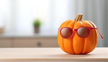 Halloween pumpkin with sunglasses on wooden table. 3d illustration. AI Generated. photo