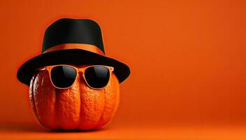 Halloween pumpkin wearing black hat and sunglasses on orange background. 3D Rendering. AI Generated. photo