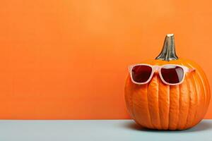 Halloween pumpkin with sunglasses on orange background. Copy space for text. AI Generated. photo