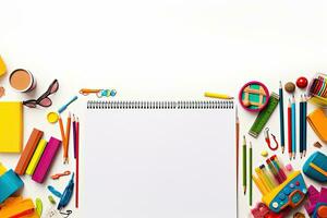 School and office supplies on white background. Back to school concept. AI Generated. photo