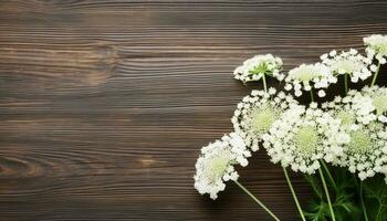 Bouquet of white flowers on brown wooden background, top view. AI Generated. photo