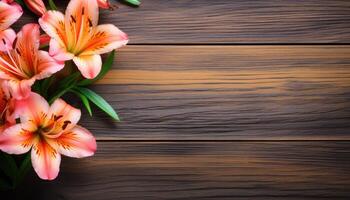 Pink lily flowers on wooden background. Top view with copy space. AI Generated. photo