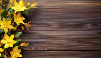 Yellow flowers on brown wooden background. Top view with copy space. AI Generated. photo