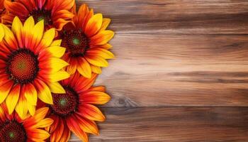 Red and orange sunflowers on wooden background. Top view with copy space. AI Generated. photo