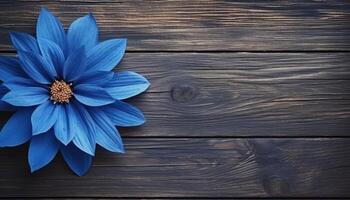 Blue flower on wooden background. Top view with copy space for your text. AI Generated. photo