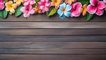 Plumeria flowers on wooden background with copy space for text. AI Generated. photo