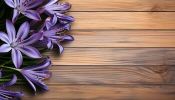 Bouquet of purple crocus flowers on a wooden background. AI Generated. photo