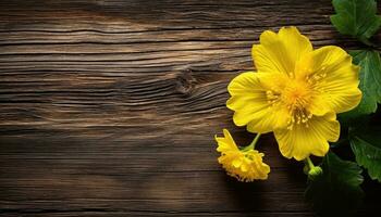 Yellow flowers on old wooden background. Top view with copy space. AI Generated. photo