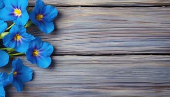 Blue pansy flowers on a grey wooden background with copy space. AI Generated. photo