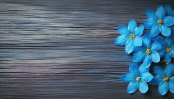 Blue crocus flowers on a wooden background. Top view with copy space. AI Generated. photo