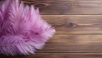 Purple feathers on wooden background. Top view with copy space. AI Generated. photo