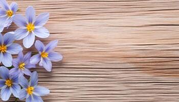 Spring crocus flowers on wooden background. Top view with copy space. AI Generated. photo