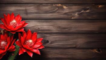 Red cactus flowers on wooden background with copy space for text. AI Generated. photo