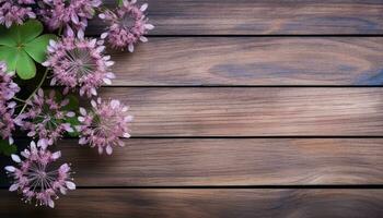 Clover flowers on wooden background. Top view with copy space. AI Generated. photo