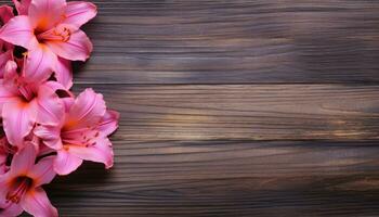 Pink lily flowers on wooden background. Top view with copy space. AI Generated. photo