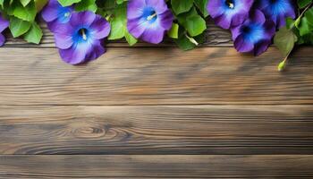 Morning glory flowers on wooden background. Top view with copy space. AI Generated. photo