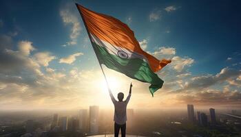 Man waving India flag in the city at sunset. 3D Rendering. . photo