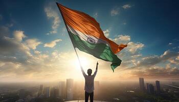 hombre ondulación India bandera en el ciudad a puesta de sol. 3d representación. ai generado. foto