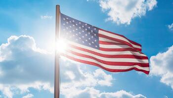 American flag waving in the wind against a blue sky with white clouds. AI Generated. photo