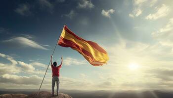 hombre ondulación Español bandera en el parte superior de el montaña. 3d representación. ai generado. foto