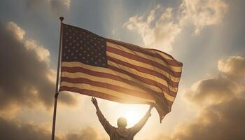 hombre ondulación americano bandera en contra azul y naranja cielo con blanco nubes ai generado. foto