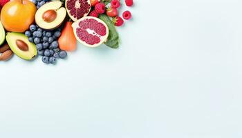 frutas y vegetales en azul antecedentes. sano comiendo concepto. parte superior ver con Copiar espacio. ai generado. foto