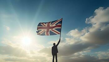 United Kingdom flag waving in the wind as a symbol of power and success. AI Generated. photo