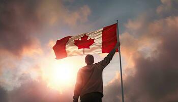 Back view of man waving canadian flag against blue and orange sky. AI Generated. photo