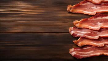 Raw bacon slices on wooden background. Top view with copy space. . photo