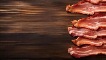 Raw bacon slices on wooden background. Top view with copy space. AI Generated. photo