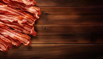 Slices of bacon on wooden background. Top view with copy space. AI Generated. photo