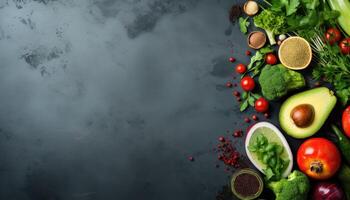 Healthy food background. Vegetables, herbs and spices on dark background. Top view with copy space. . photo