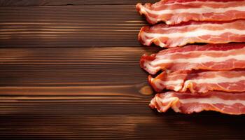 Slices of bacon on wooden background. Top view with copy space. AI Generated. photo