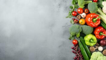 Fresh vegetables on grey background. Top view with copy space. Panorama. AI Generated. photo