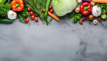 Fresco vegetales en un gris antecedentes. parte superior vista, Copiar espacio. ai generado. foto