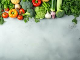 Composition with fresh organic vegetables on grey background, space for text. AI Generated. photo