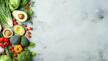 Fresh vegetables and herbsle background, top view. Space for text. AI Generated. photo