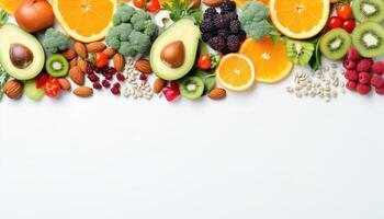 Healthy food clean eating selection, fruits, vegetables, cereals, nuts and fruits. Food background. AI Generated. photo