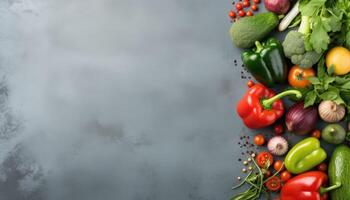 Fresh vegetables on grey background, top view. Banner with copy space. AI Generated. photo