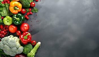 Fresh vegetables on black background. Top view with copy space for your text. AI Generated. photo